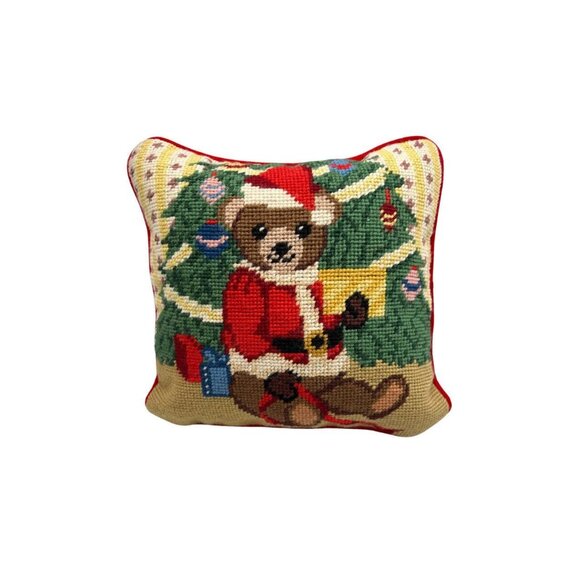 Christmas Needlepoint Santa Teddy Pillow 10” Square Red Velvet Wool Vintage - Picture 1 of 2